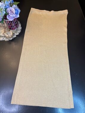 By Together NWOT Tan Metallic Gold Ribbed Knit Sweater‎ MIDI Long Skirt Sz L